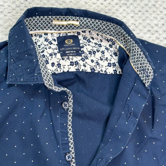 Ricky Singh Shirt Mens Large Slim Fit Blue Short Sleeve Button Front Casual - Picture 6 of 12